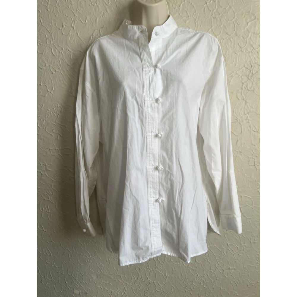 J Jill White Button Front Blouse Tunic Women's L Office Casual UNIQUE BUTTONS